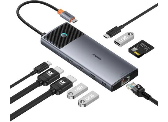 Baseus Hub 10in1 Metal Gleam II Series, USB-C to 1xHDMI, USB-A (10Gbps), USC-C, 2xUSB-A, Ethernet RJ45, SD/TF card, mini-jack 3,5mm, USB-C(PD) - Space Grey